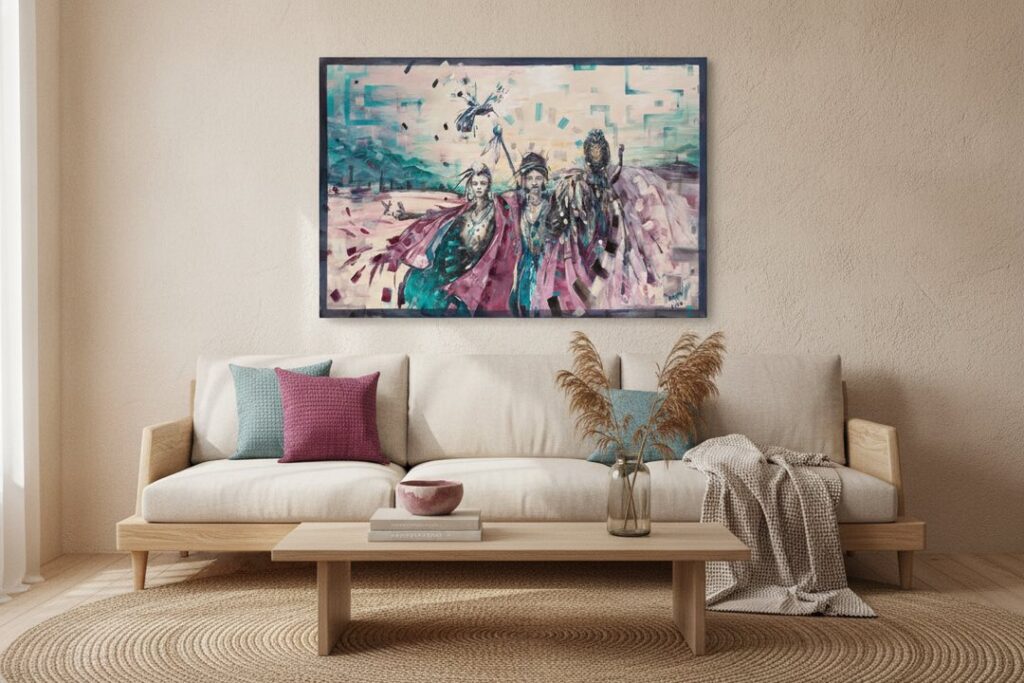 Dancing Around The Globe, an original painting by Maayan Kalo, shown in a room