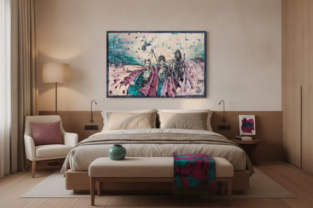 Dancing Around The Globe, an original painting by Maayan Kalo, shown in a room