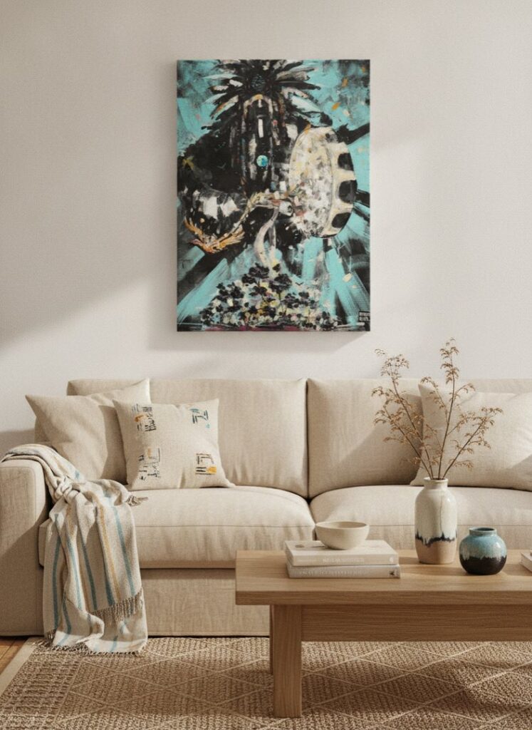 Forest keeper, an original painting by Maayan Kalo, shown in a room