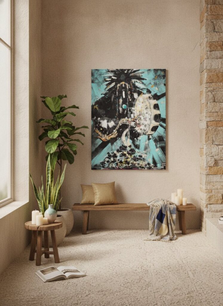 Forest keeper, an original painting by Maayan Kalo, shown in a room