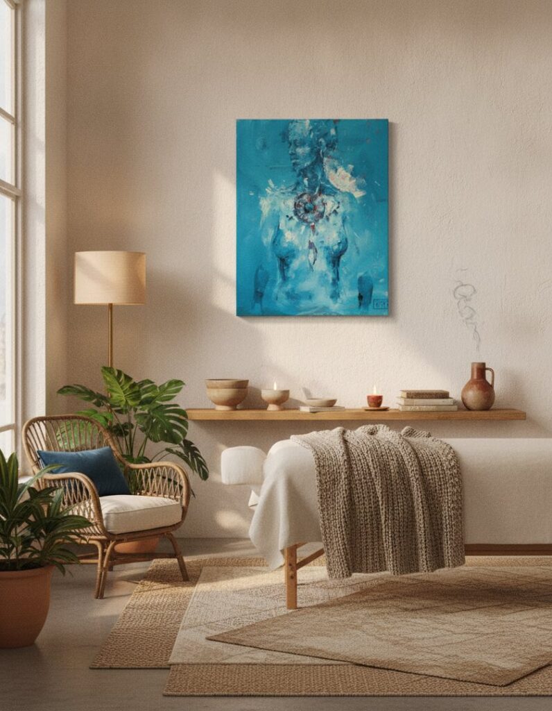 Healing, an original painting by Maayan Kalo, shown in a room