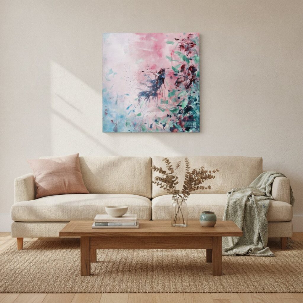 Humming bird in flight, an original painting by Maayan Kalo, shown in a room