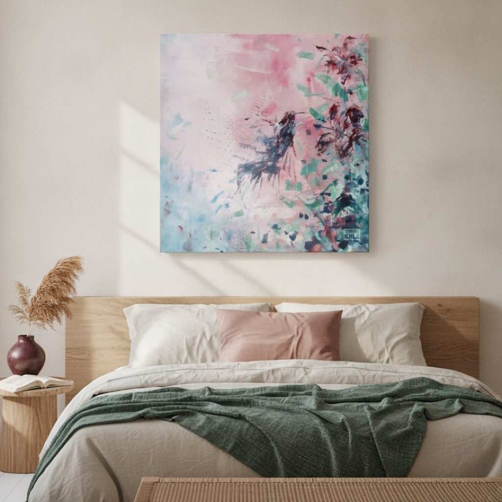 Humming bird in flight, an original painting by Maayan Kalo, shown in a room