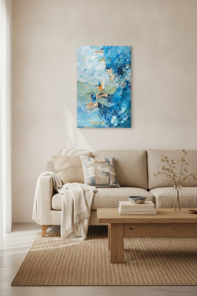 King fisher blessing, an original painting by Maayan Kalo, shown in a room