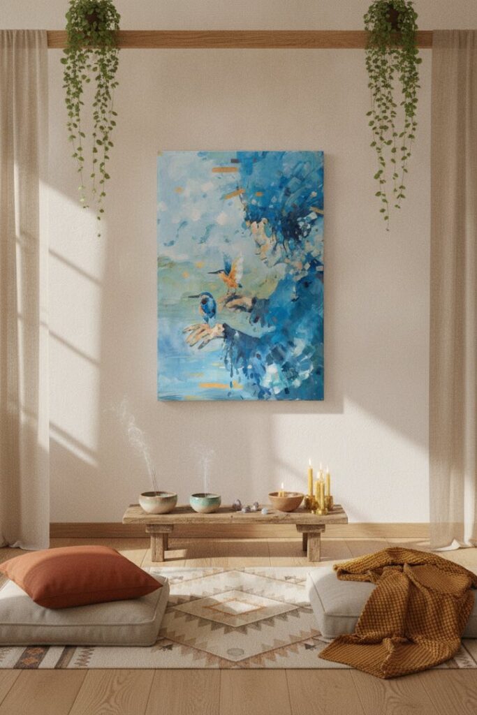 King fisher blessing, an original painting by Maayan Kalo, shown in a room