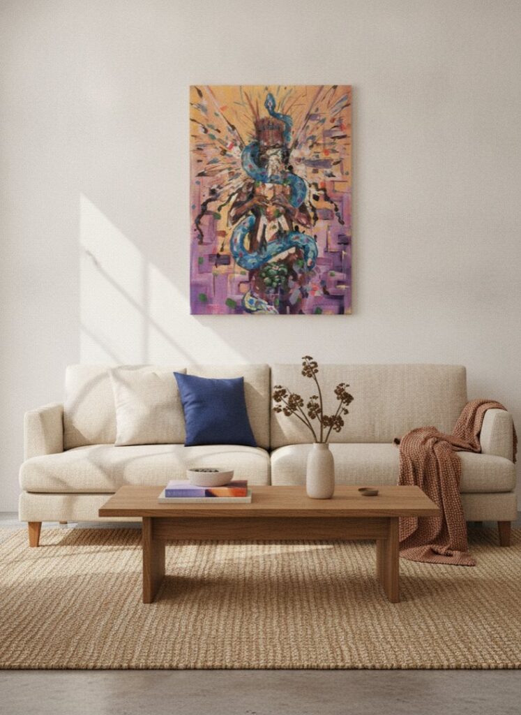 Mexico, an original painting by Maayan Kalo, shown in a room