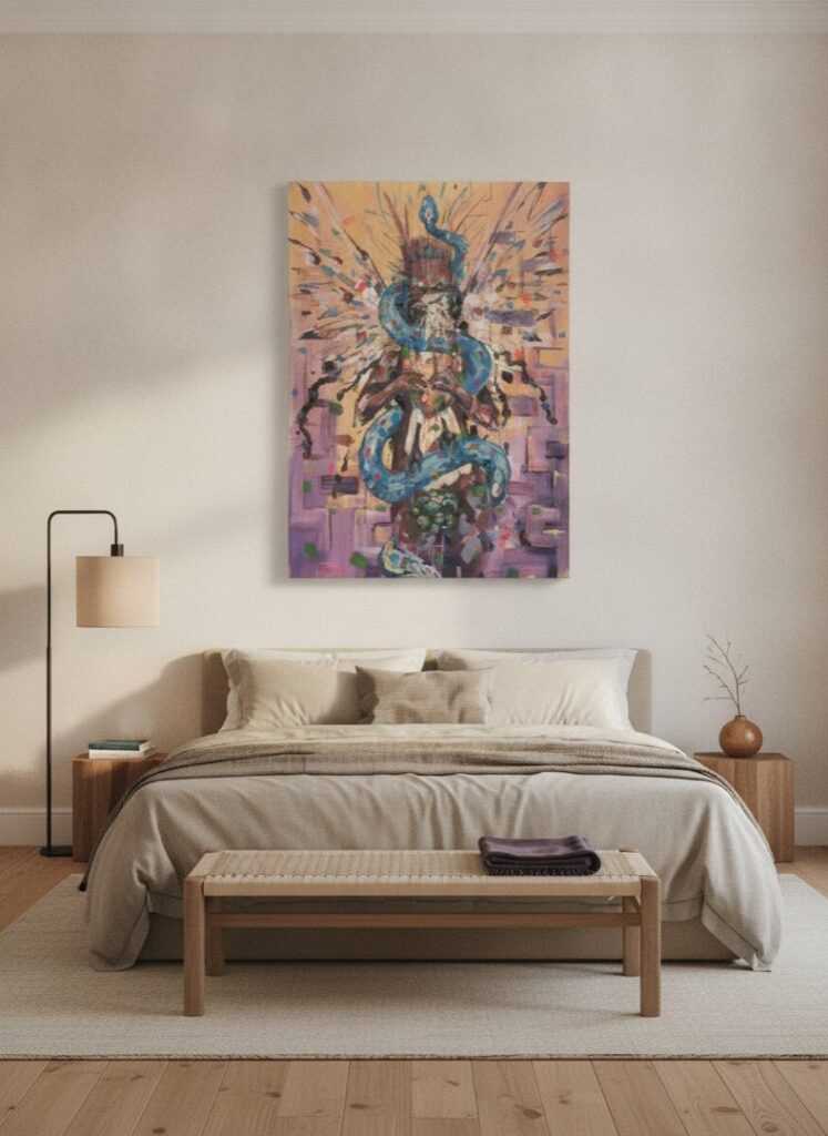 Mexico, an original painting by Maayan Kalo, shown in a room