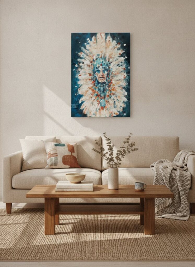water shaman, an original painting by Maayan Kalo, shown in a room