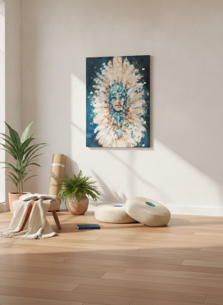 water shaman, an original painting by Maayan Kalo, shown in a room