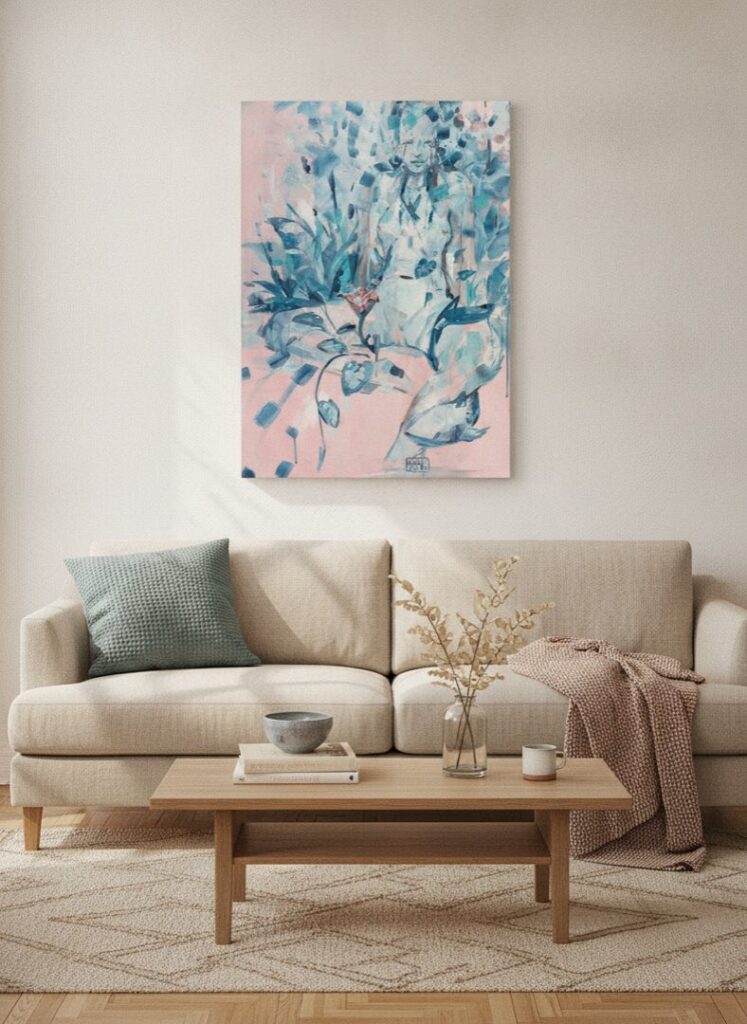 Jasmin, an original painting by Maayan Kalo, shown in a room
