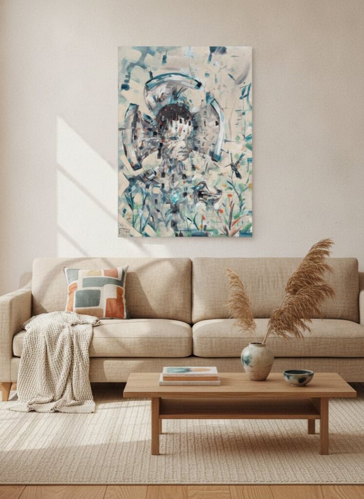 Mirrors, an original painting by Maayan Kalo, shown in a room