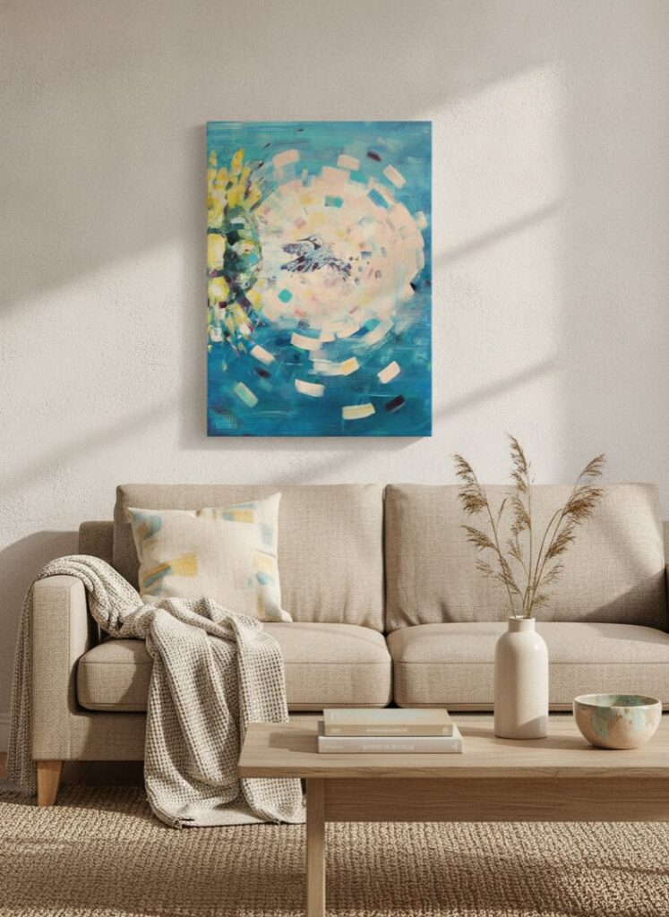 Payote flower, an original painting by Maayan Kalo, shown in a room