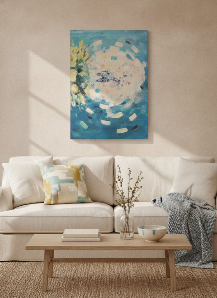 Payote flower, an original painting by Maayan Kalo, shown in a room